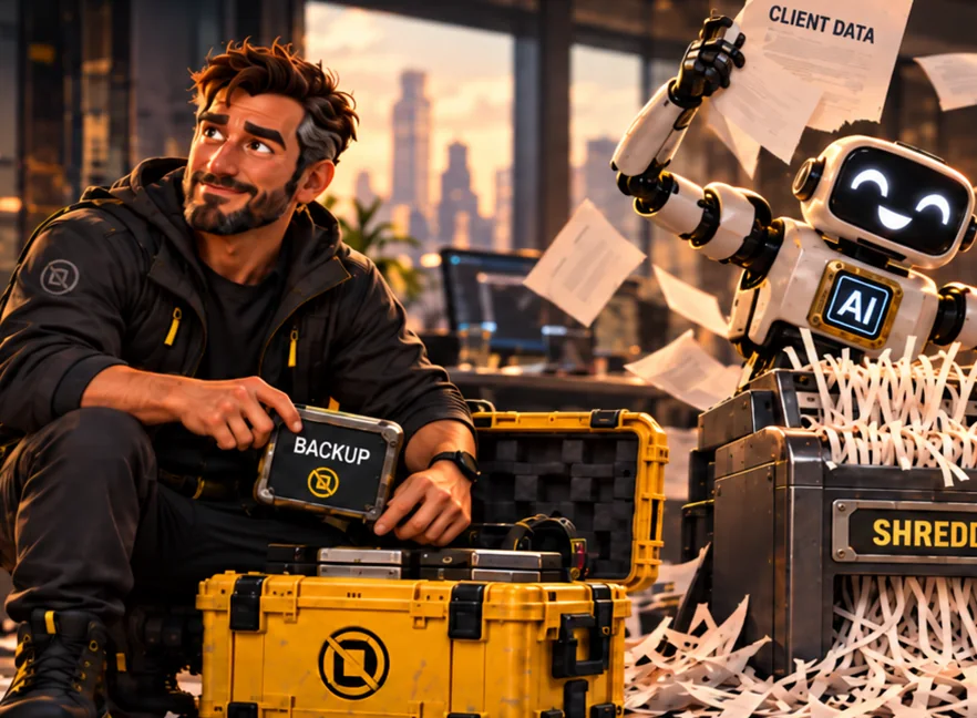 In an office, a cheerful robot feeds papers marked client data, financials, strategy and operations into a shredder, while the AI Prepper calmly lifts a backup cartridge out of his yellow equipment case.