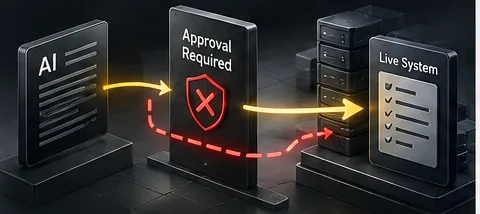 Diagram: an AI's change goes around an approval step straight into a live system.
