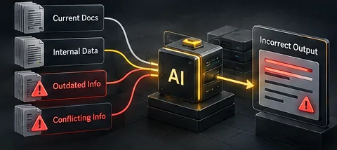 Diagram: outdated and conflicting information flows into an AI alongside current documents, producing incorrect output.
