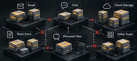 Diagram: stacks of company documents scattered across email, chat, cloud storage, team docs, personal files and other tools, with broken links between them.