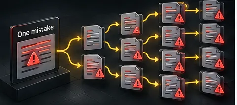 Diagram: one mistake branches out and is copied across a growing number of files.