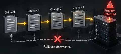 Diagram: a file changes three times before a problem is detected, and the path back to the original is broken.