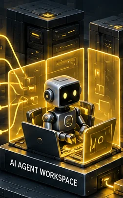 Illustration: a small robot agent works at a laptop inside a yellow-framed enclosure labeled AI Agent Workspace.